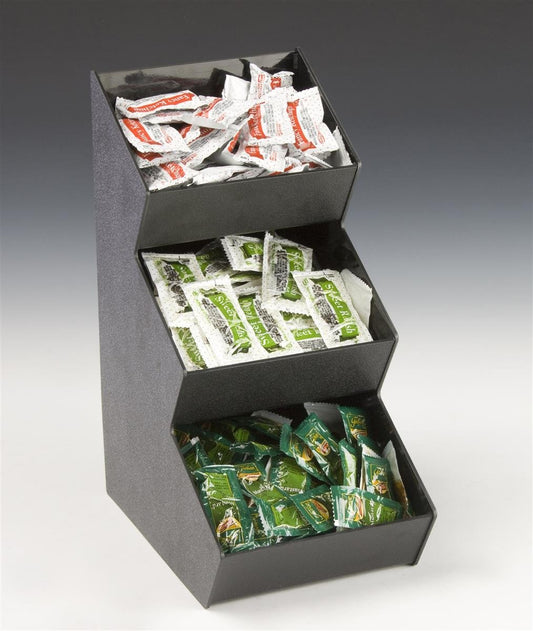 Displays2go Countertop Organizer with 3 Pockets for Condiments 3-Tiered, Space Saving Design with Open Pockets, Easy to Clean Black Acrylic