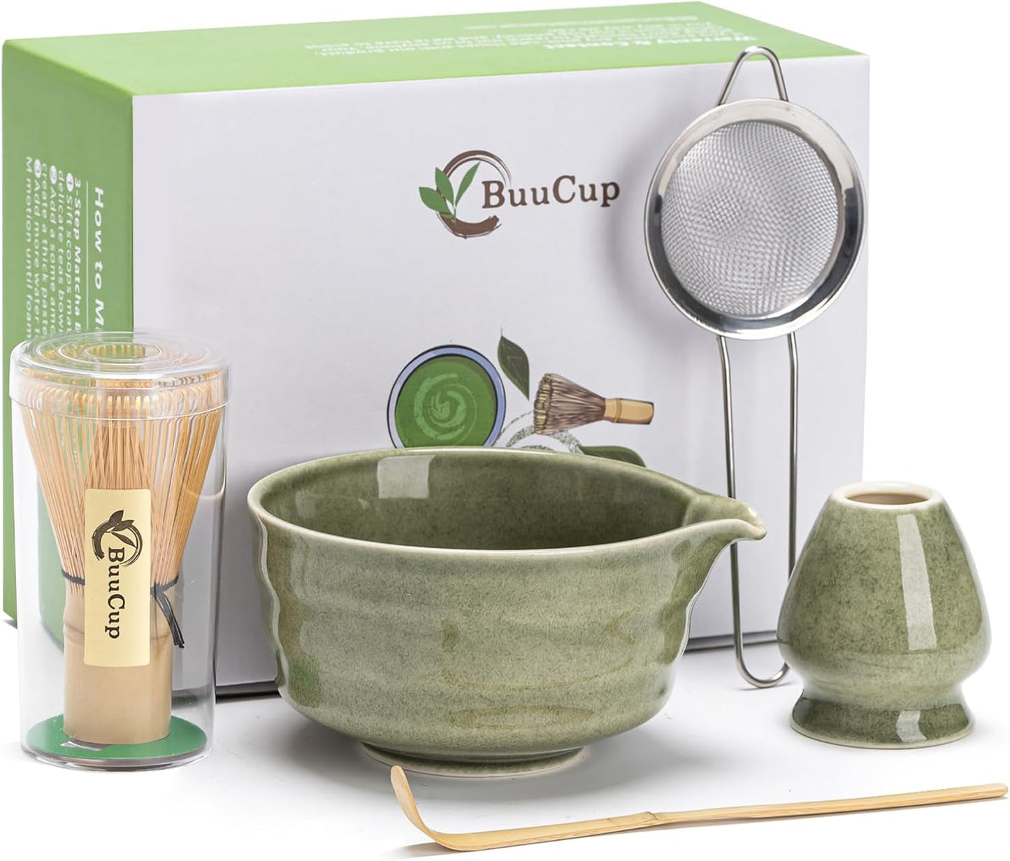 Matcha Whisk Set, Matcha Bowl with Spout, Matcha Whisk and Holder, Bamboo Matcha Scoop and Stainless Sifter - 5 Pcs Jade Green Matcha Kit for Matcha Lover