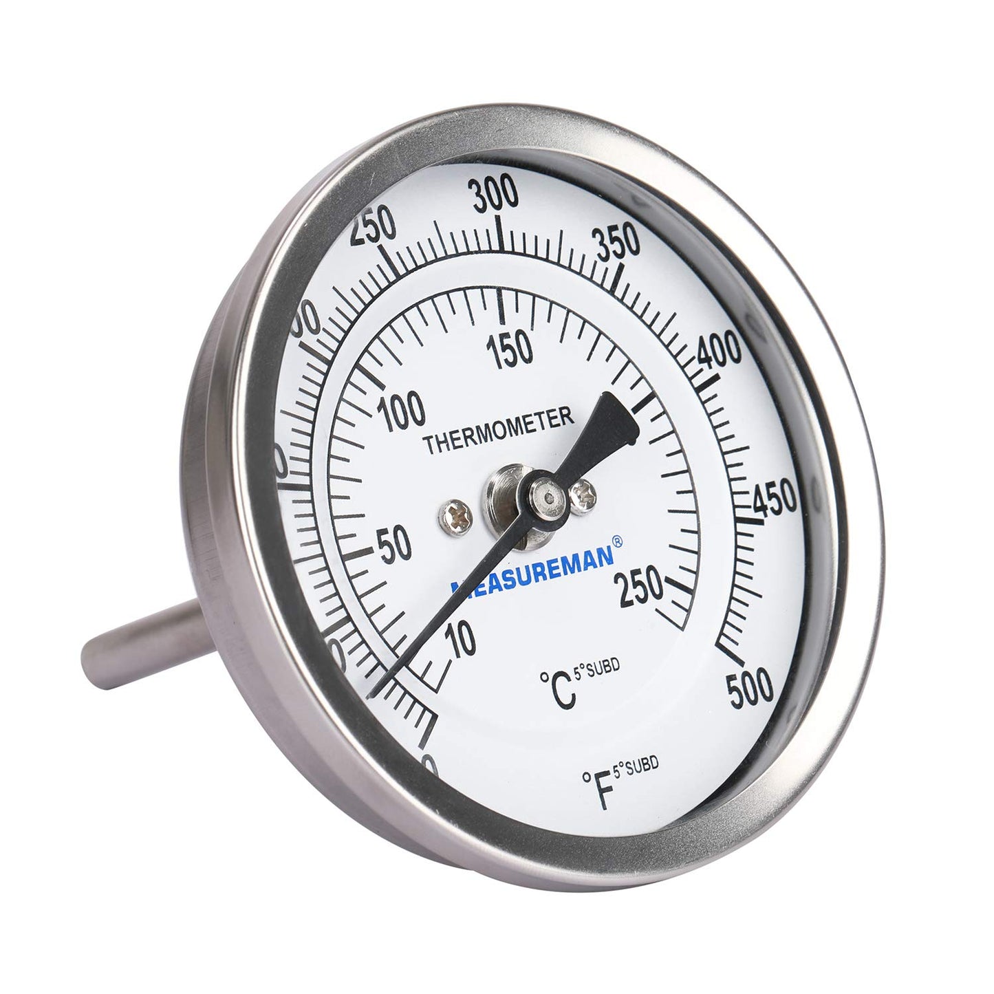 Measureman Fully Stainless Steel Bimetal Dial Thermometer, 3" Dial, 2-1/2" Stem, 50-550 deg F/10-260 deg C, -1% Accuracy, Adjustable, 1/2" NPT Back Mount