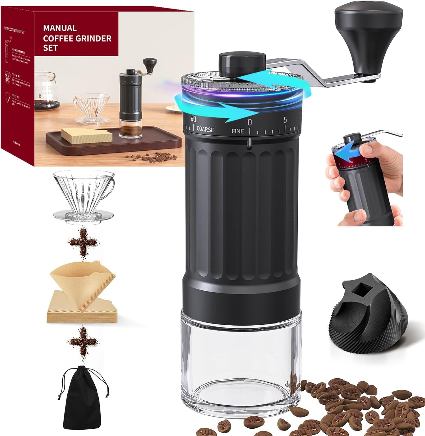 CIRCLE JOY Manual Coffee Grinder with 40 Levels External Adjustment and Ceramic Burr, Portable Hand Coffee Grinder Set with Pour Over Coffee Dripper, 50 Count V60 Coffee Filters and Storage Bag