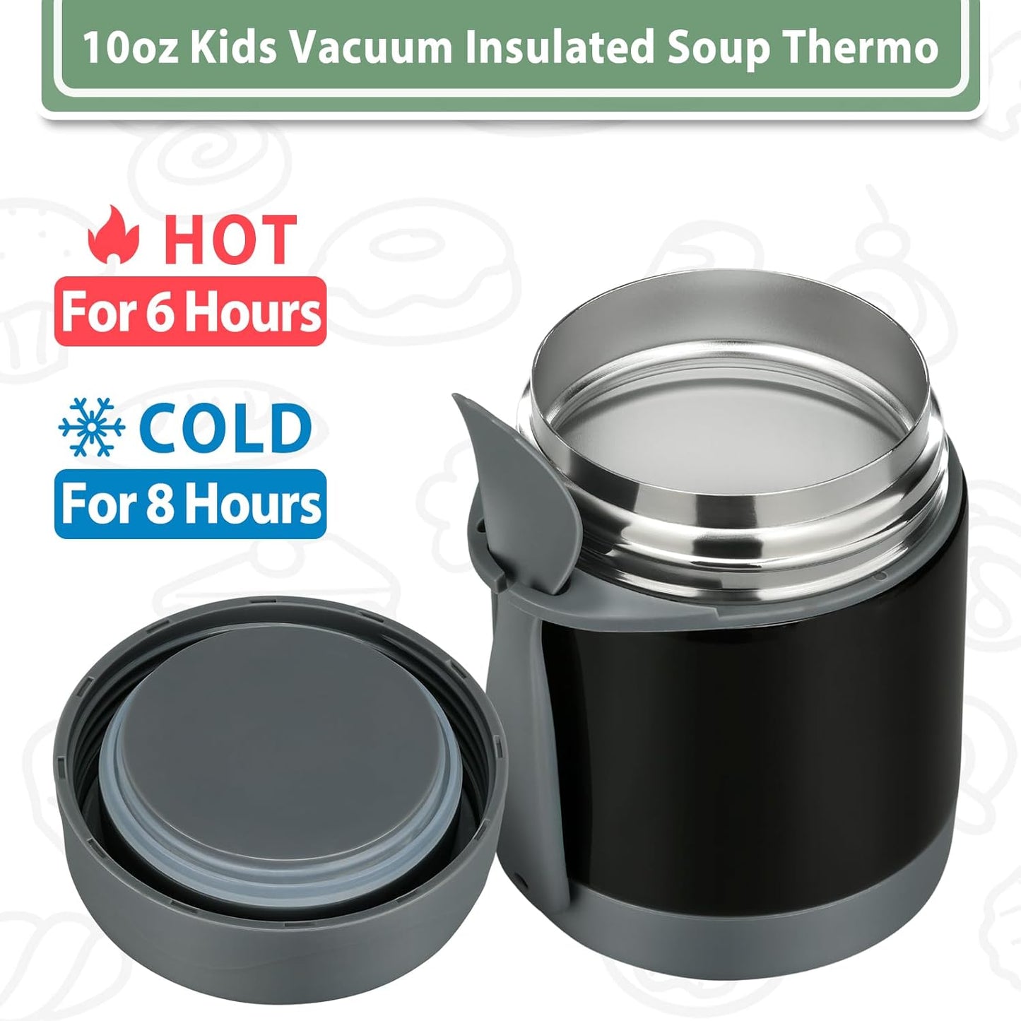 10oz Soup Thermo for Hot Food Kids,Lunch Thermo Kids Food Jar with Spoon Hot Insulated Food Containers,Leak Proof Stainless Steel Wide Mouth Lunch Food Thermo Jar for School(Black)
