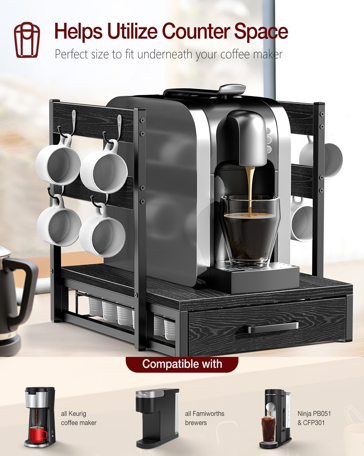 Coffee Pod Drawer for K Cup, 35 Pods K-Cup Holder Organizer with Cup Holder, Durable Coffee Maker Stand with Storage Drawer, Black