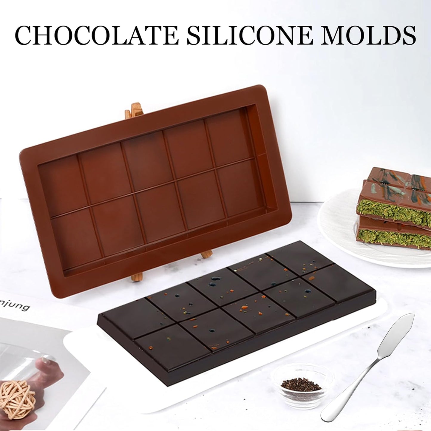3 PCS Silicone Chocolate Bar Molds with 1 spatula,3/4 Inch Thick Non-Stick Chocolate Mold，Large Deep Cavity Chocolat Silicone Mold for Stuffed Chocolate Bars Knafeh Pistachio Chocolat