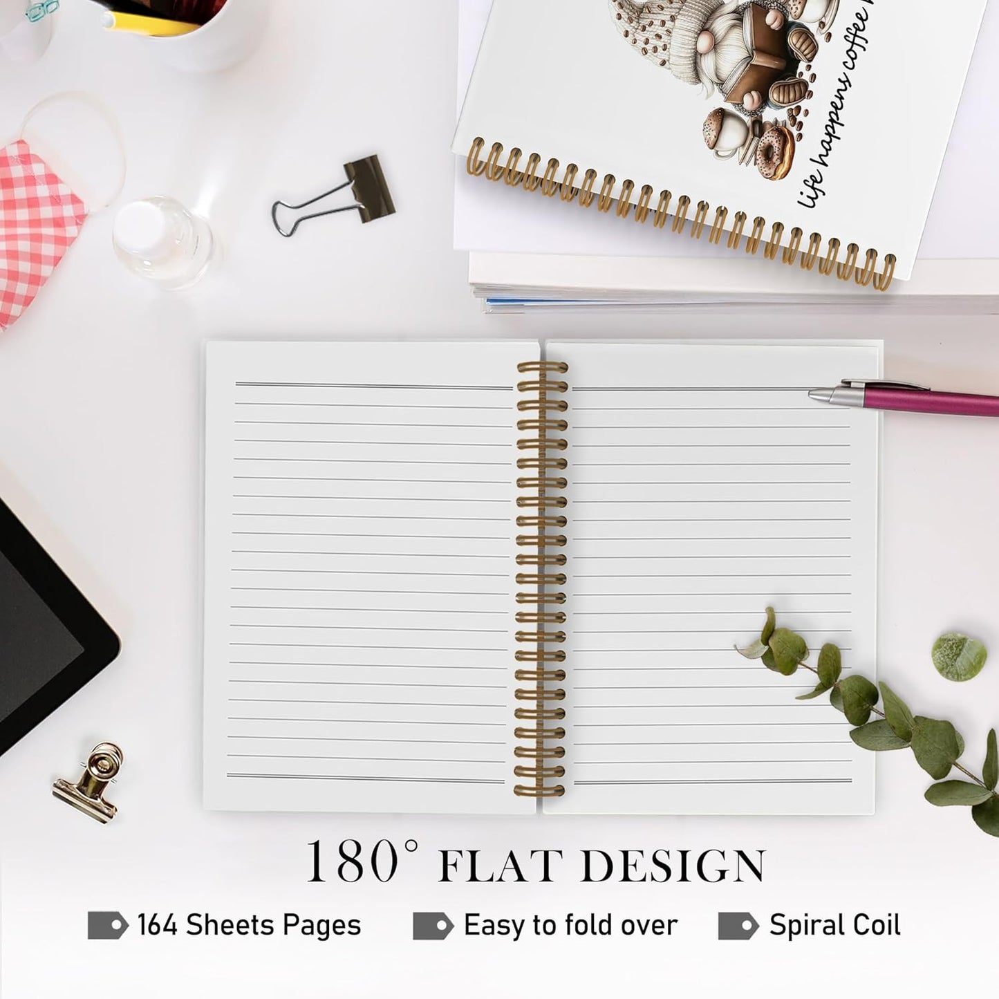 Funny Coffee Gnomes Spiral Notebook, Coffee Lovers Gifts Journal Notebook, Gnome Gifts Notebooks for School Work, Life Happens Cafe Helps Office Supplies Gifts for Women Men, 5.5x8.3 Inch