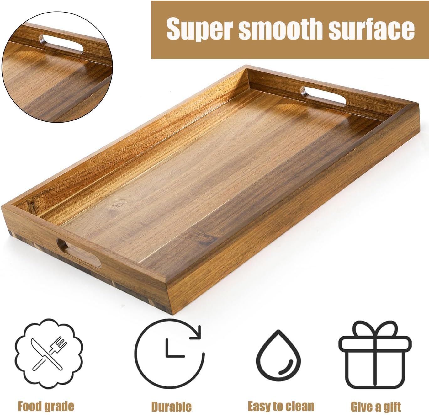 Acacia Wood Serving Tray with Handles - 17-Inch Large Wooden Tray for Ottoman - Perfect for Breakfast, Lunch, Dinner, Appetizers, Patio, Ottoman, Coffee Table,BBQ, Party – Great for Lap &Couch ﻿