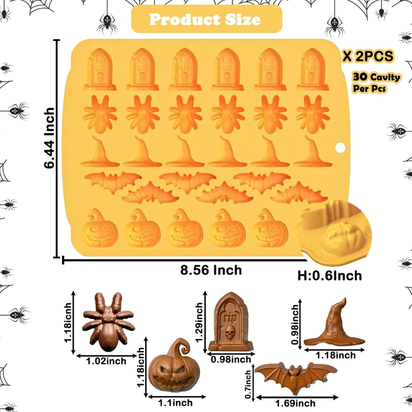 Halloween Chocolate Mold Silicone,30 Cavity Candy Gummy Mold with Pumpkin Wizard Hat Bat Spider Tombstone for Baking Chocolate Jelly Gummy Dessert