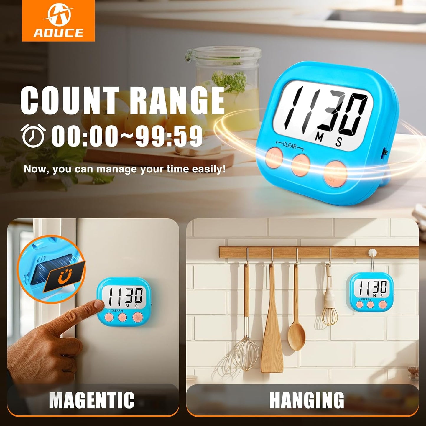 12 Pack Kitchen Timers Loud Ring Digital Timers for Cooking Magnetic Blue