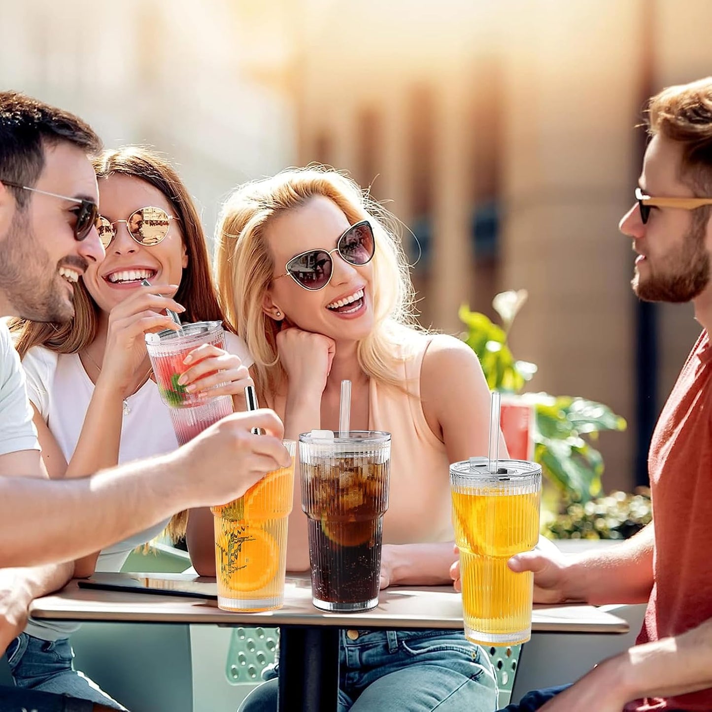 Glass Cups with Lids and Straws - 20oz Glass Tumbler with Straw and Lid, Premium Coffee Cups for Tea, Iced Coffee, Smoothie，Ideal Gift for Home, Office, 4pack