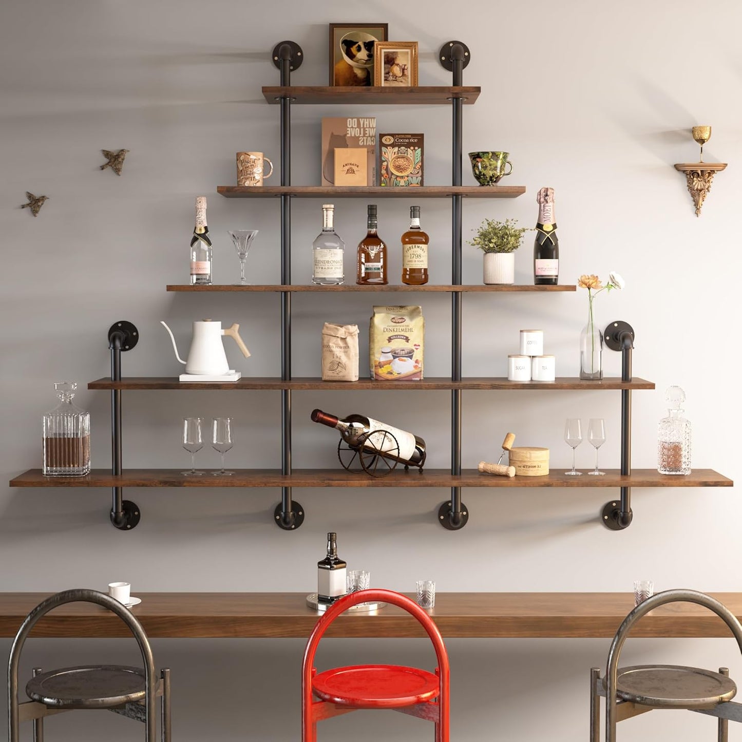 70" Industrial Pipe Shelving - 5 tier Rustic Solid Wood and Heavy Duty Metal Pipe Shelves for Wall,Kitchen Shelves Wall Mounted,Floating Bookshelf,Wall Shelves for Bathroom,Living Room,Coffee Bar