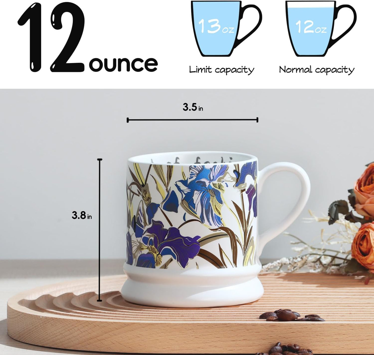 Ceramic Coffee Cappuccino Mug, 13 oz Classical Flower Mugs Vintage Floral Cups Aesthetic Mug Tea Cup, Perfect for Tea, Cocoa, Latte - Gifts for Women Men Dad Mom (White)