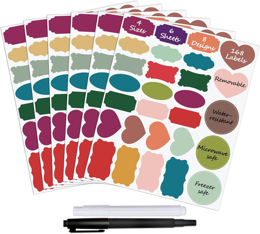 Colored Chalkboard Labels for Food Containers 168pcs - Removable Waterproof Write-on Pantry Sticker Labels for Spice Jar,Glass Bottle,Storage Bin,Kitchen Organizing and Party Decoration,with 2 Markers