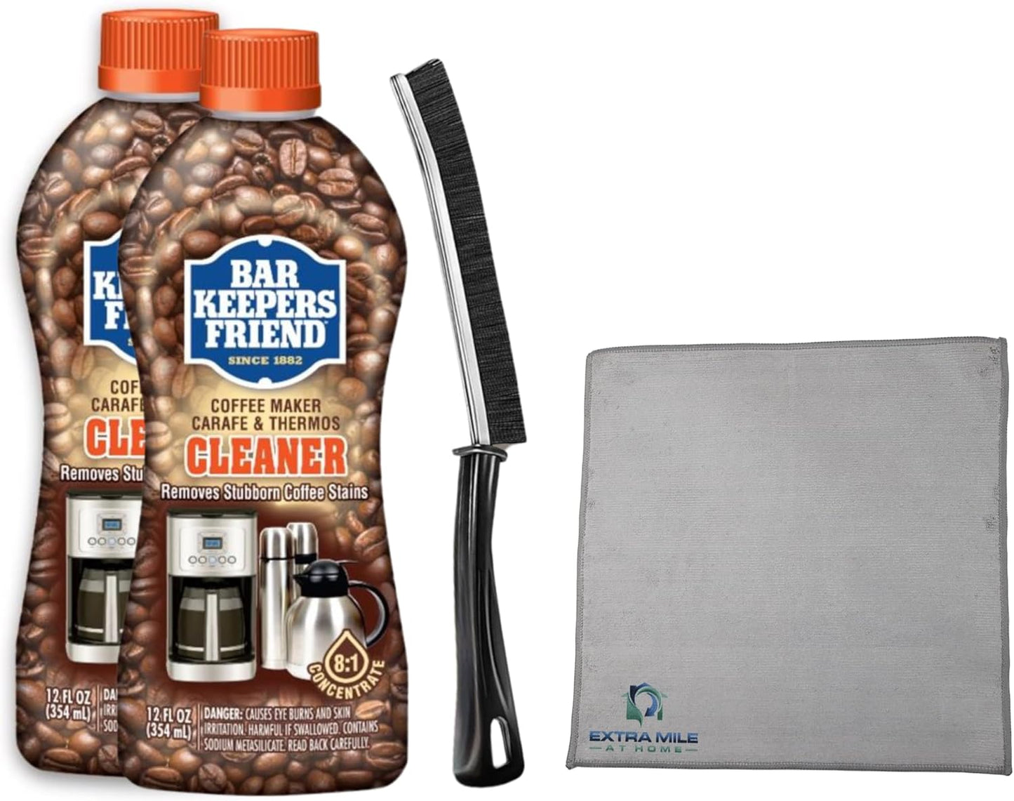 Coffee Maker Cleaning Kit 2 Bottles Heavy-Duty Descaler, Crevice Brush & 12"x12" Microfiber Cloth Removes Stains & Residue from Drip Coffee Pots, Espresso Machines