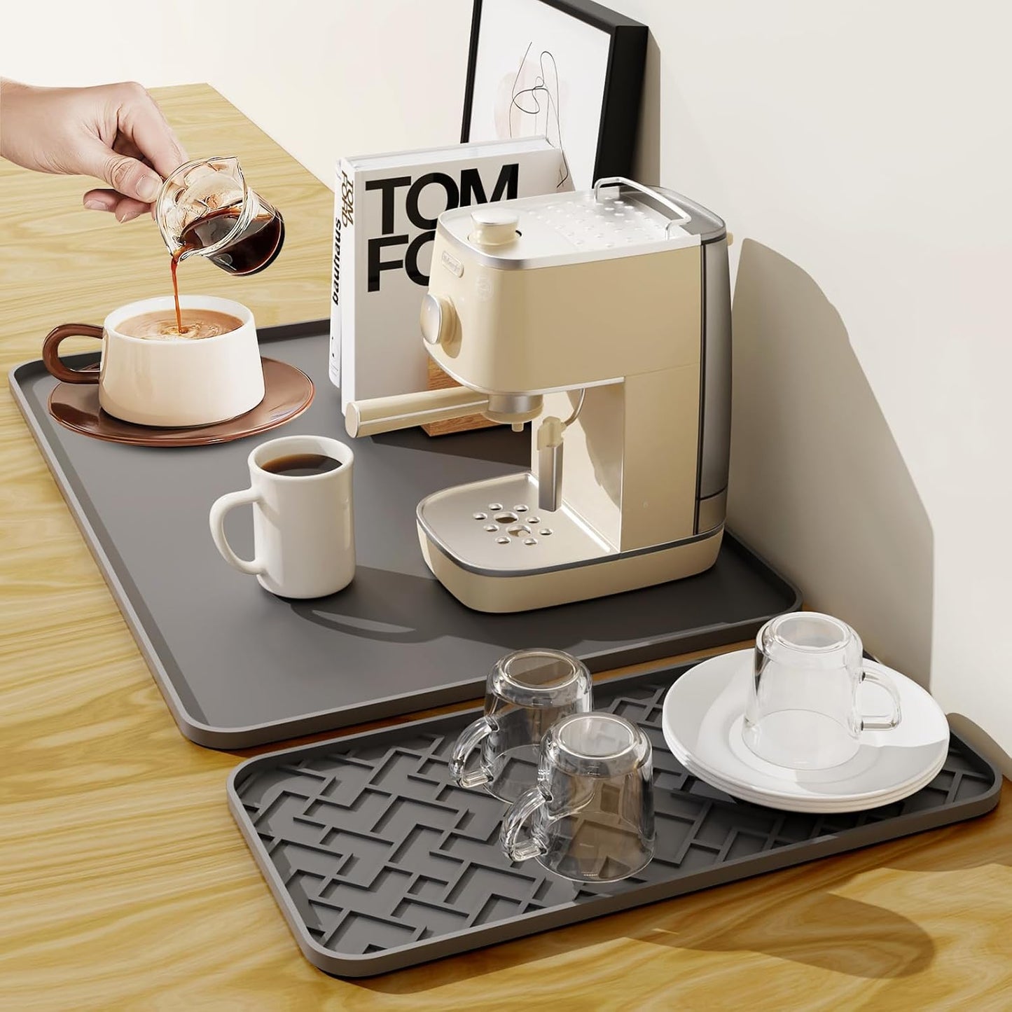 Silicone Coffee Mat - Removable Bar Mat with Concave and Convex Design, Leak-Proof and Non-Slip, Suitable for Use Under the Coffee Machine to Keep the Countertop Clean (Grey24"x16")