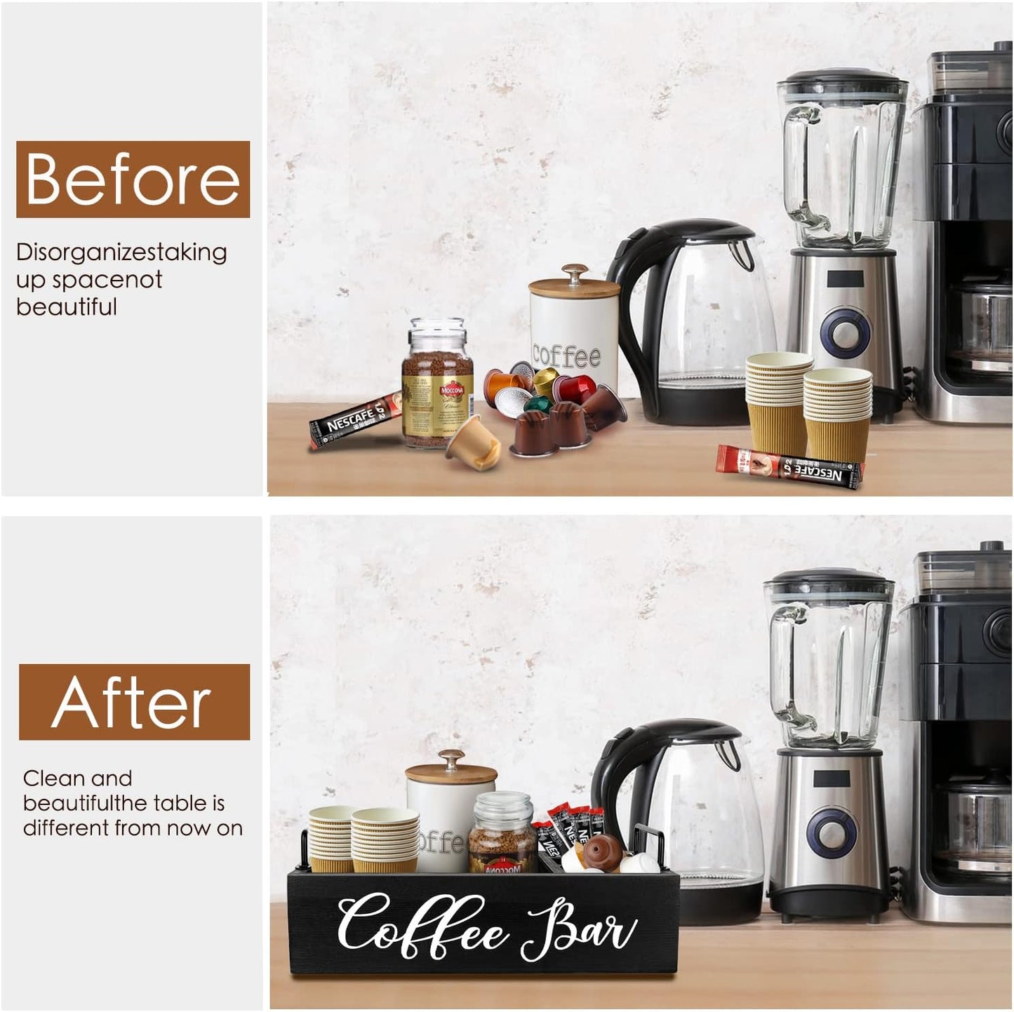 Coffee Station Organizer Wooden Coffee Bar Holder Accessories for Countertop, Farmhouse Kcup Pod Storage Basket with Handle - Black