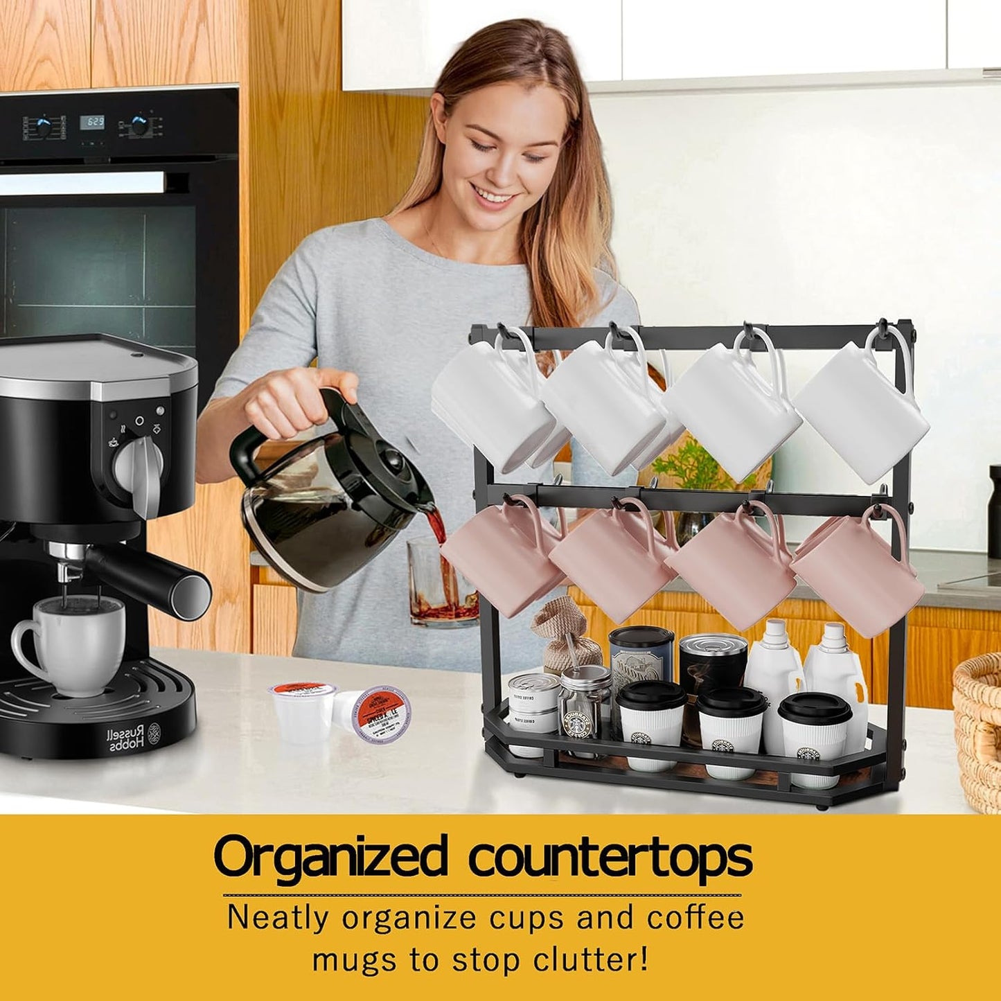 Coffee Mug Holder with Movable Hooks,16 Capacity Coffee Cup Holder for Countertop, Metal Mug Tree Holder Rack with Storage Base,Home Storage Mug Organizer adjustable Heights (Black)