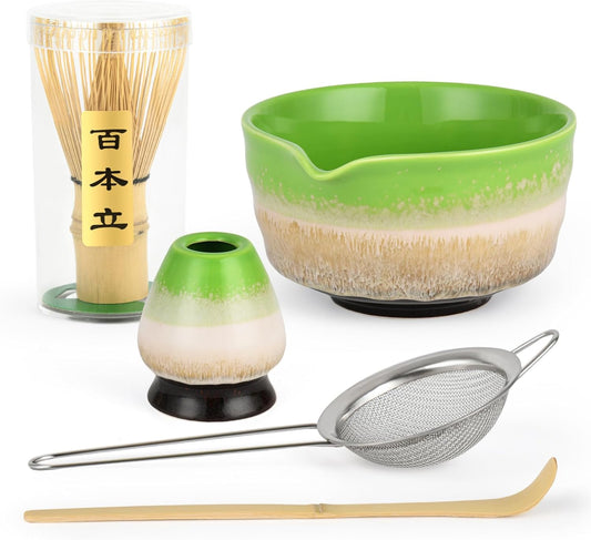 Matcha Whisk Set,Bamboo Chasen Whisk,Green Matcha Bowl with Spout, Chashaku Scoop, Sifter,Matcha Whisk and Holder – 5 PCS Matcha Kit for Matcha Lovers Making Latte Drinks,Gift for Starters Lovers