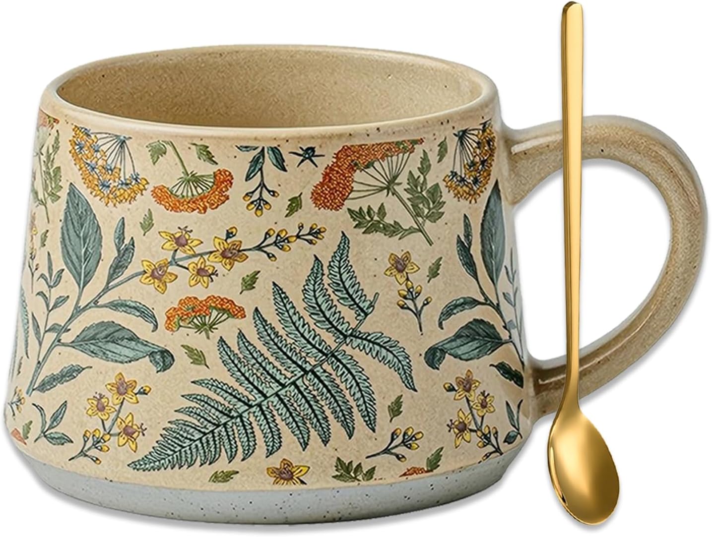Floral Coffee Cup, 12oz Ceramic Hand Painted Porcelain Mug with Premium Gold Spoon, Cup for Cappuccino, Macchiato, Latte, Cafe, Tea, Unique Gift Idea (Summer's Whispers)