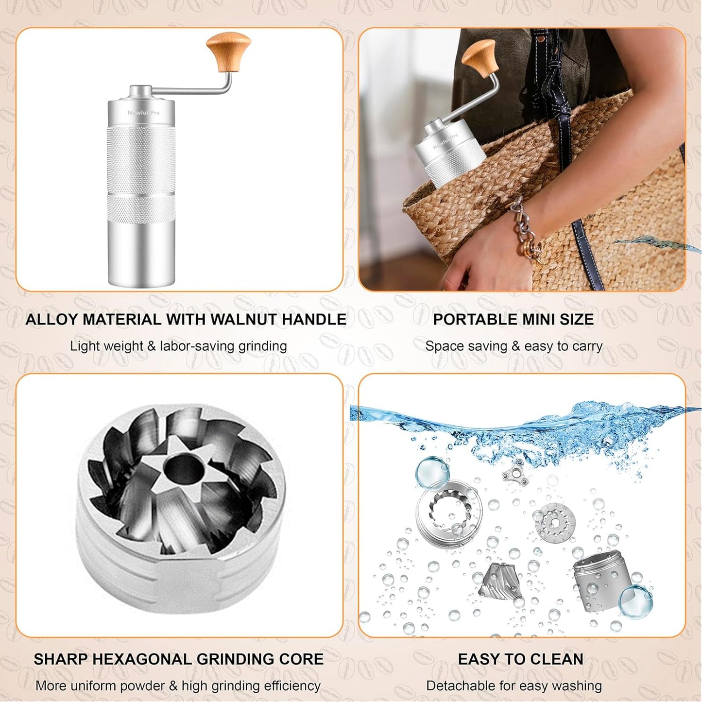 M6 Manual Coffee Grinder,Conical Hexagonal Burr & Double Bearings for Smooth Grinding,Portable Mini Hand Coffee Grinder for Espresso Pour Over French Press at Home or Camping Travling