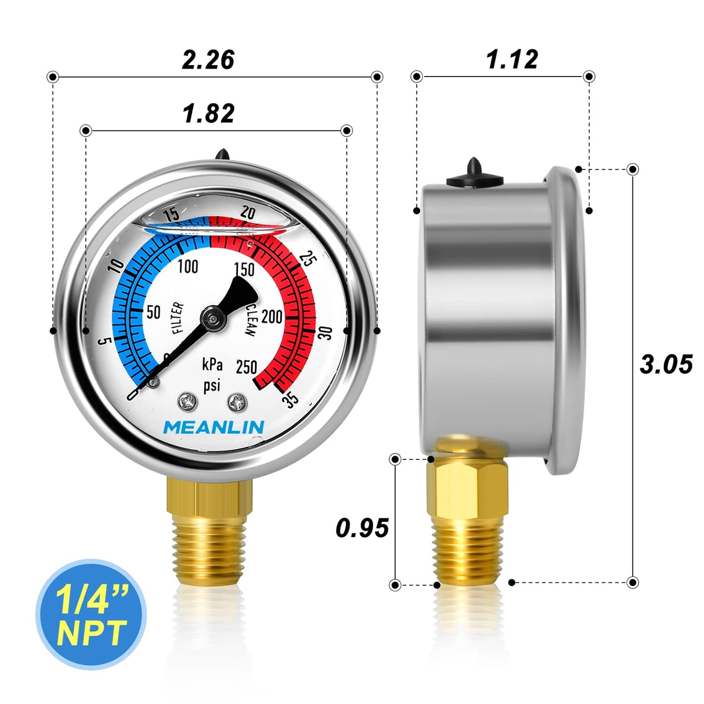 MEANLIN MEASURE 1/4" NPT 0-35psi Pressure Gauge, 2" Dial Glycerine Filled Pool Filter, 304 Stainless Steel Housing, Lower Mount, with 1/2" NPT and 3/8" NPT Hex Bushing