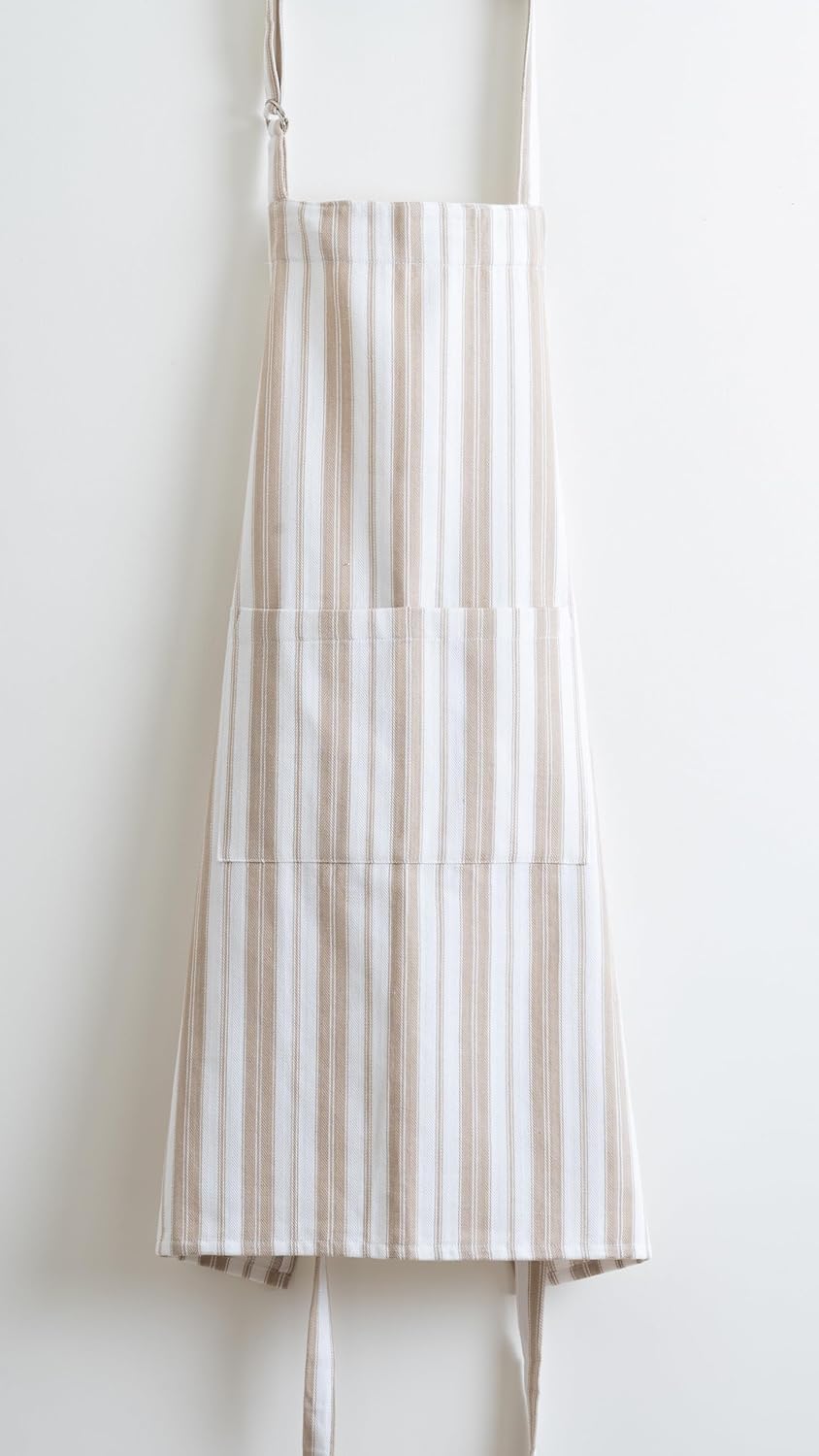 Cotton Professional Apron For Kitchen – 28 x 32 Inches – For Women & Men – Useful When Cooking, Baking, Gardening – Adjustable Strap Around Waist & Neck With Pockets Taupe Stripes