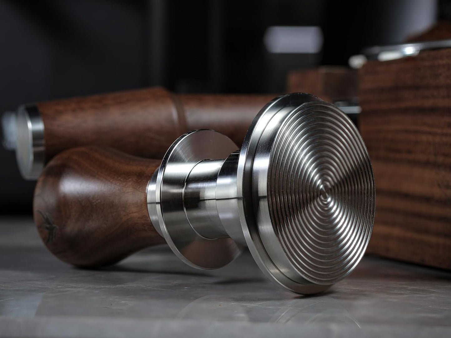 Calibrated Espresso Tamper 58mm Walnut, Auto-Leveling and 30lb Spring Loaded Design Stainless Steel Ripple Base Coffee Tamper with 20lb / 25lb / 30lbs Replacement Springs (58.3mm)