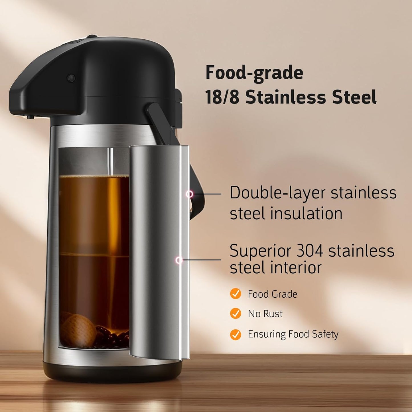 Airpot Coffee Carafe for Keeping Hot - 64 OZ / 1.9L Large Coffee Dispenser with Pump - Insulated Stainless Steel Thermos Urn for Hot Drinks Water Tea Chocolate - Thermal Beverage Dispenser for Parties