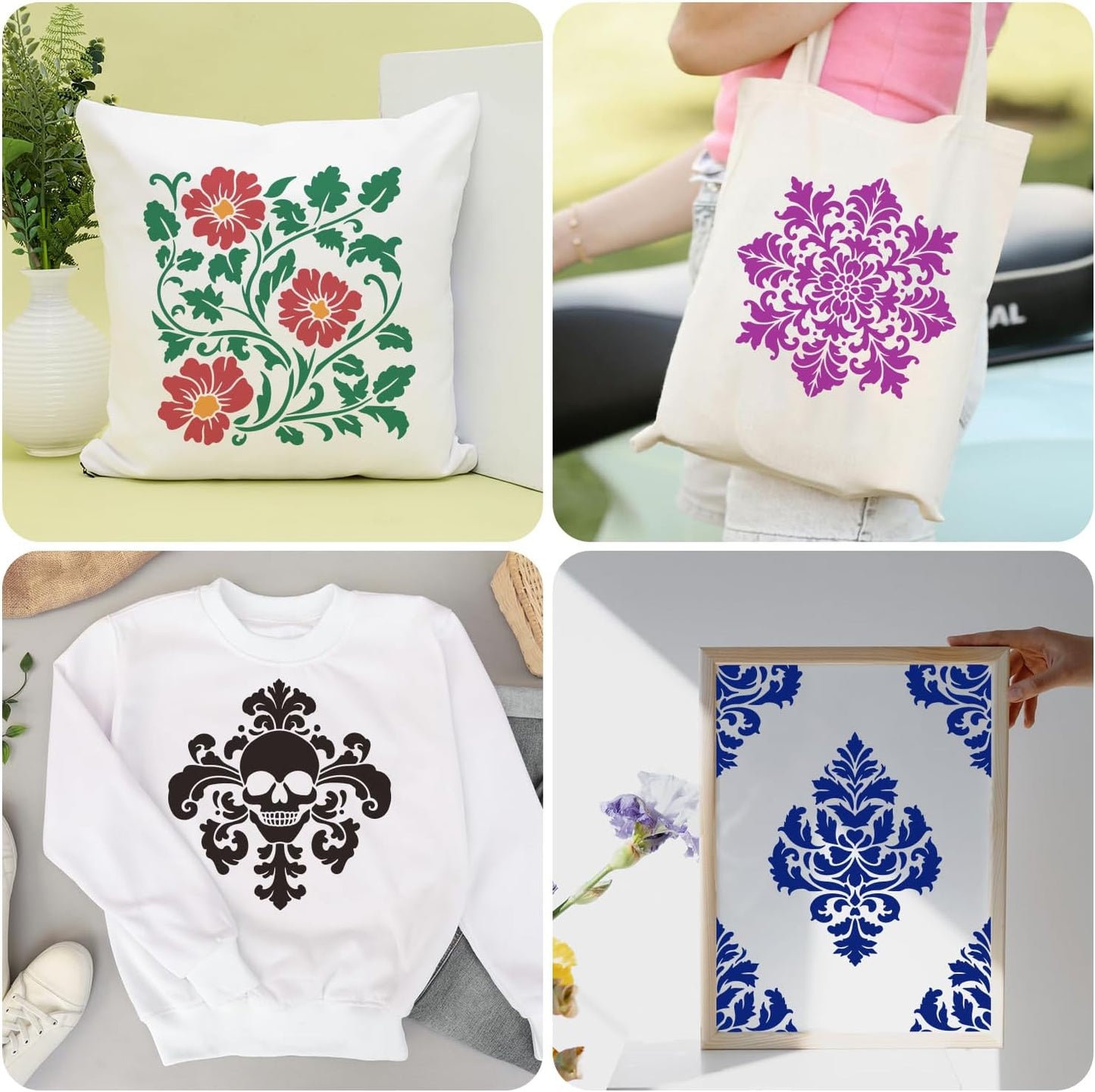 12PCS Large Mandala Stencils 12 x 12 Inch Damask Stencils for Walls Large Texture Drawing Templates with Brushes Mandala Templates for Painting on Wood Furniture Canvas Paper Fabric