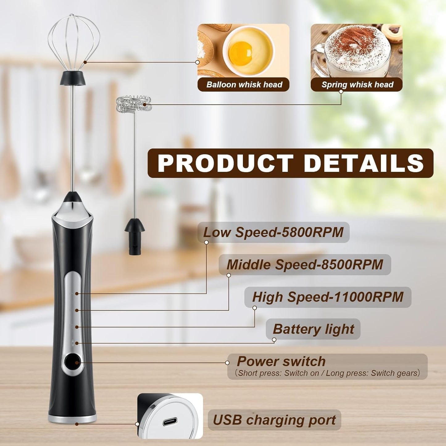 Handheld Electric Milk Frother with 2 Heads, Coffee Whisk Foam Mixer with USB Rechargeable 3 Speeds, Foam Maker Blender for Latte, Cappuccino, Hot Chocolate, Egg (Black with stand)