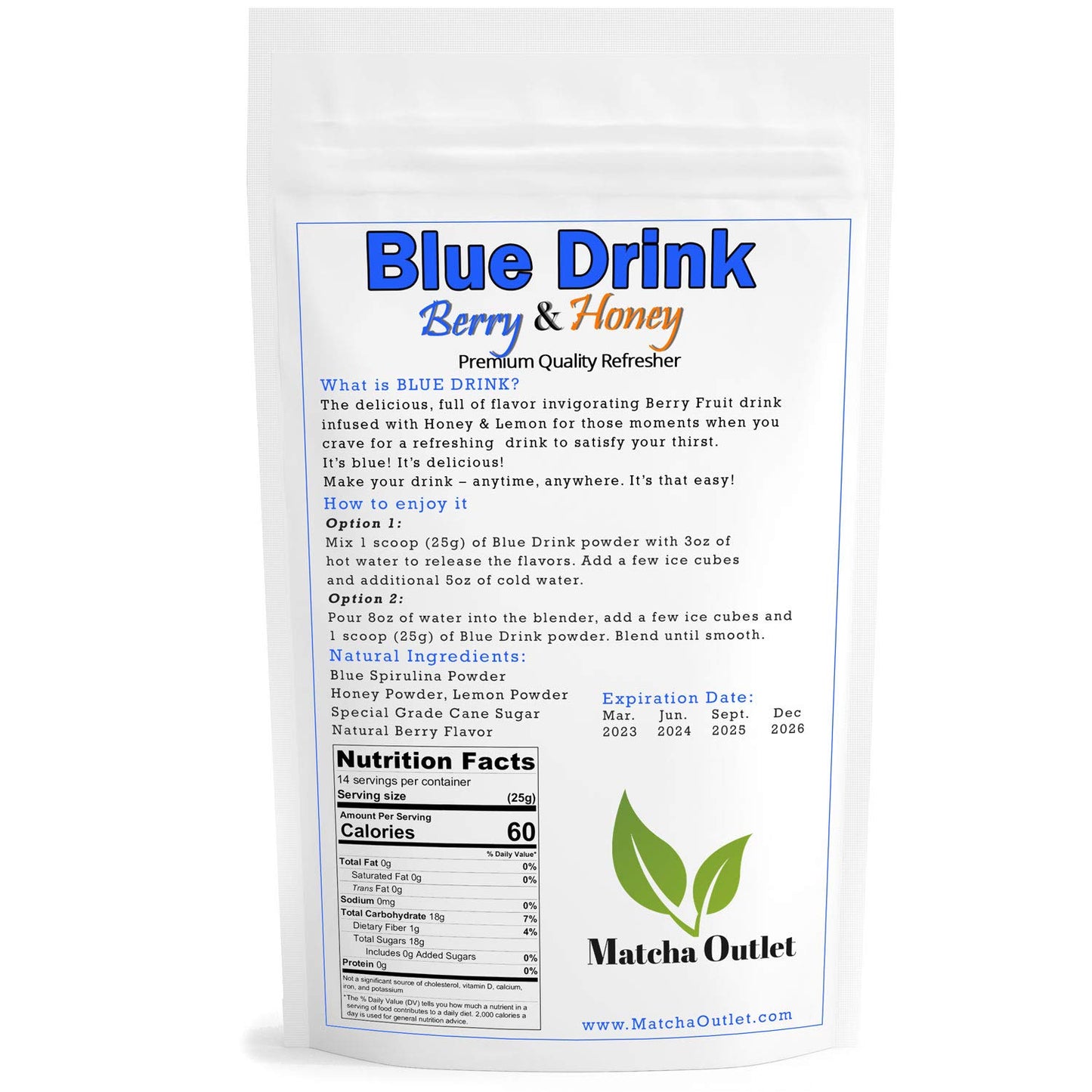 Blue Drink Spirulina Powder, Berry & Honey Refresher 12oz Blue Drink Mix Natural Food Colorant Perfect for Ice Mix Yogurts Baked Treats Loaded Tea Bubble Tea