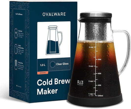 OVALWARE Airtight Cold Brew Iced Coffee Maker Pitcher and Tea Infuser with Spout - 1.0L / 34oz Ovalware RJ3 Brewing Glass Carafe with Removable Stainless Steel Filter