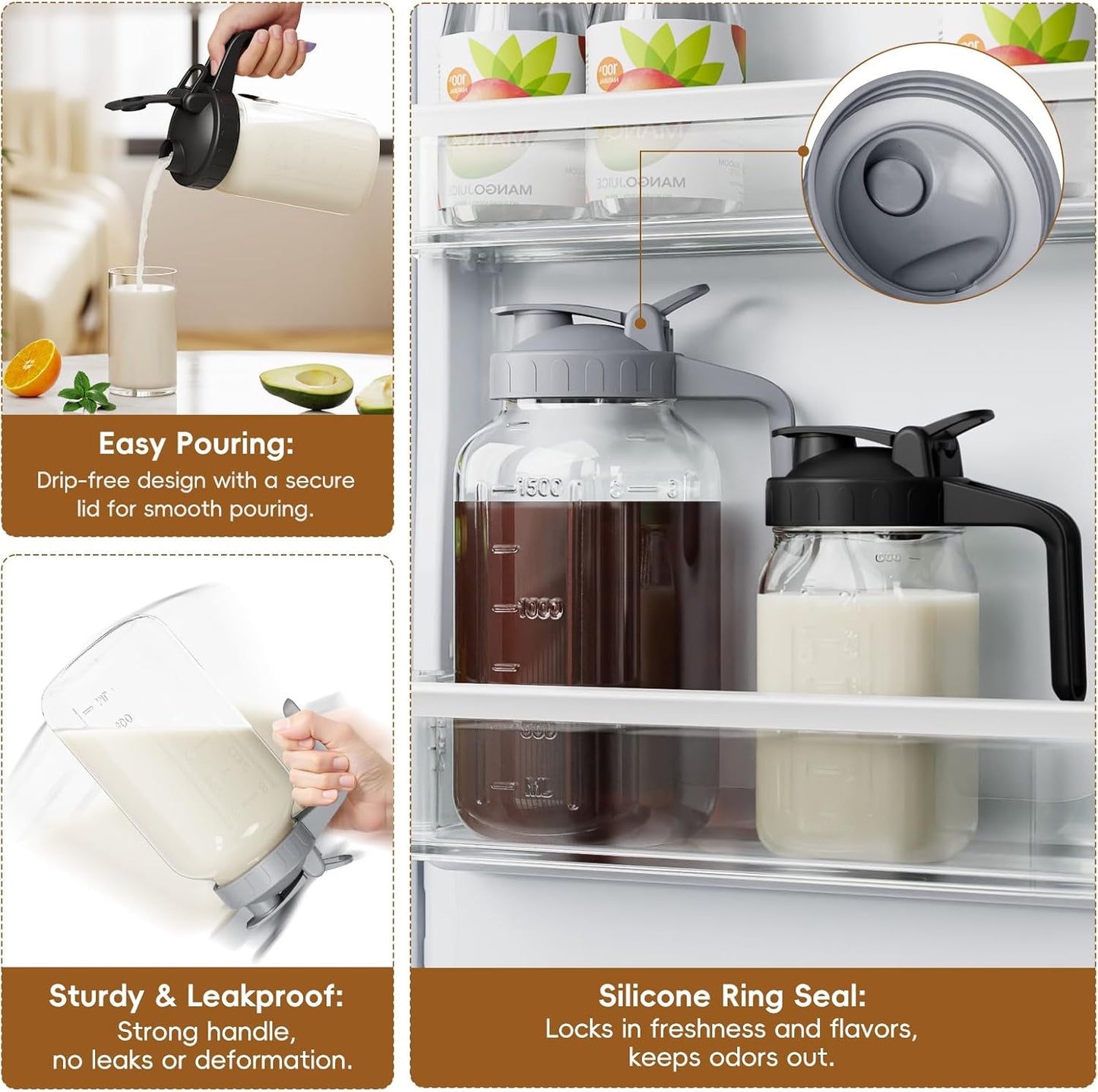 Breast Milk Pitcher Jug - 32 oz Glass Mason Jar Airtight Pitcher with Pour Spout Handle for Breastmilk, Iced Tea, Ice Drinks Storage Container（Black）