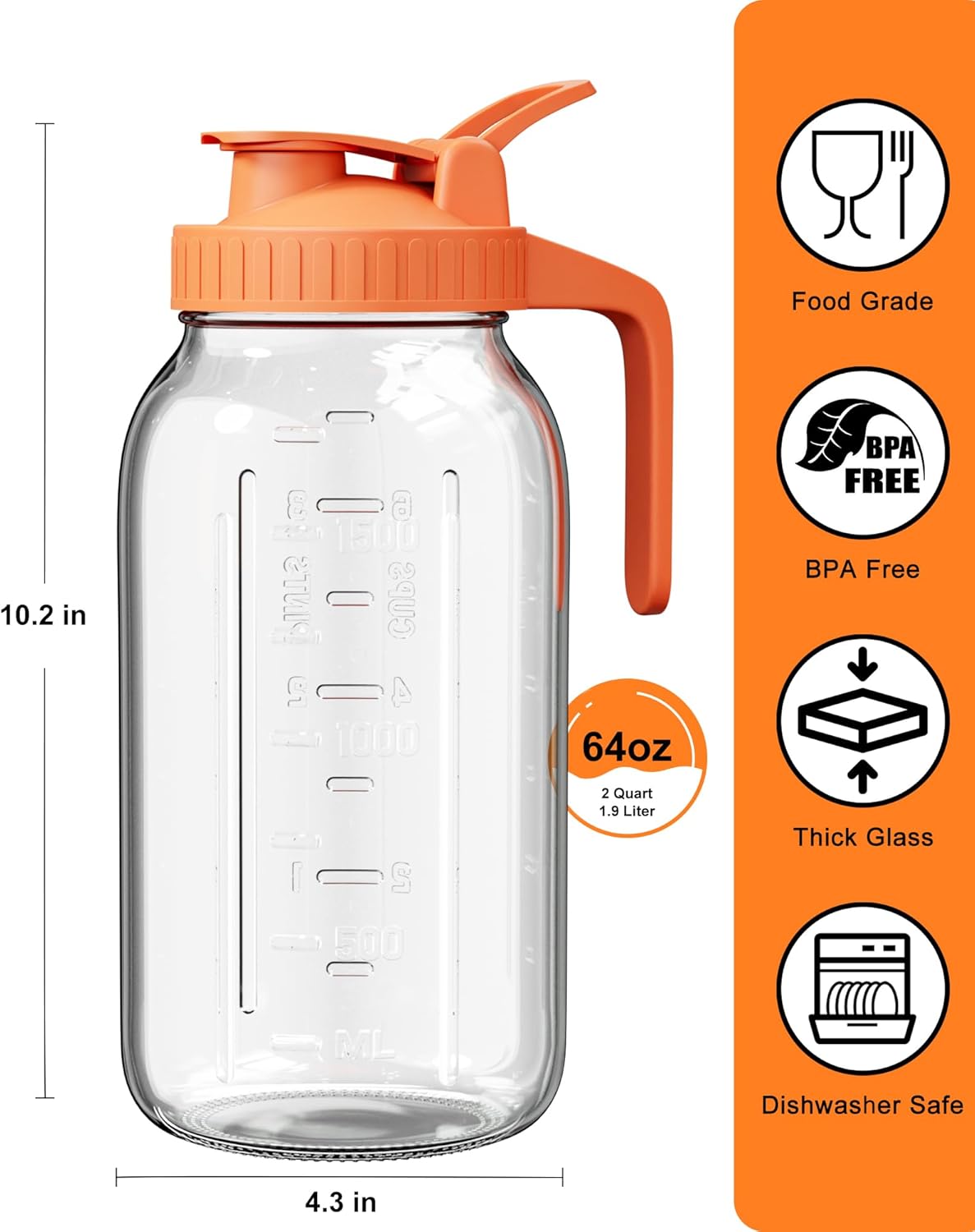 Glass Pitcher with Airtight Lid and Spout, 64oz Glass Mason Jar | Wide Mouth | Leakproof | Water Jug for Juice, Sun Iced Tea, Cold Brew Coffee, Milk Storage, Orange