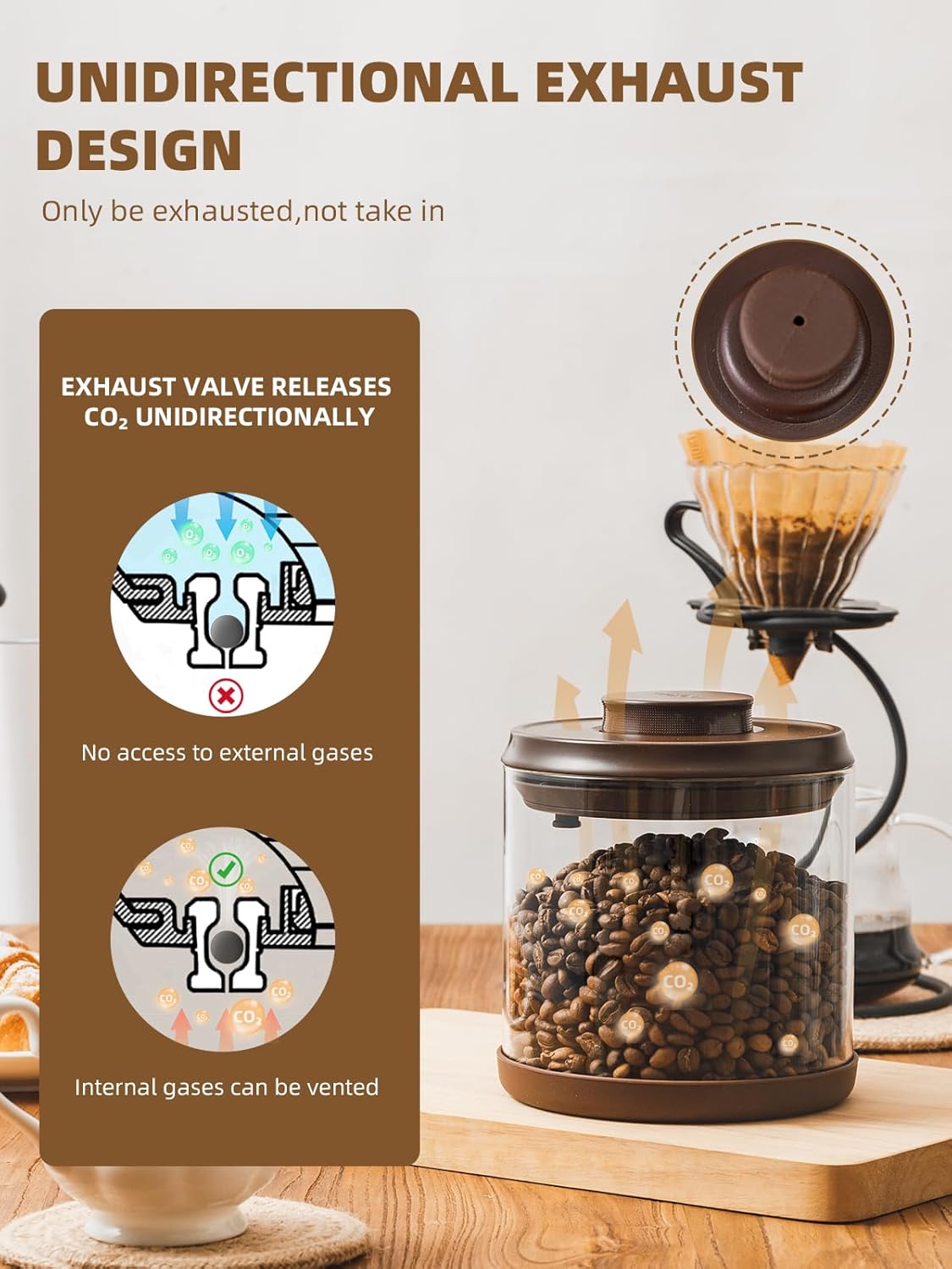 Airtight Coffee Canister, 14 Oz Borosilicate Glass Coffee Bean Storage Container with Pop Lid, CO2 Releasing Valve for Grounds Coffee, Beans, Sugar, 1200ml Brown