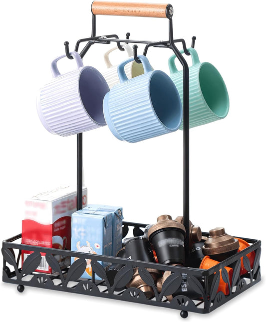 Coffee Mug Holder for Countertop, Mug Tree & Mug Rack with Storage Basket, 2-in-1 Organizer Holds 4 Large Mugs, Kitchen Cup Holder for Coffee Bar Accessories, Pods & Tea Bags, Black Metal with Handle