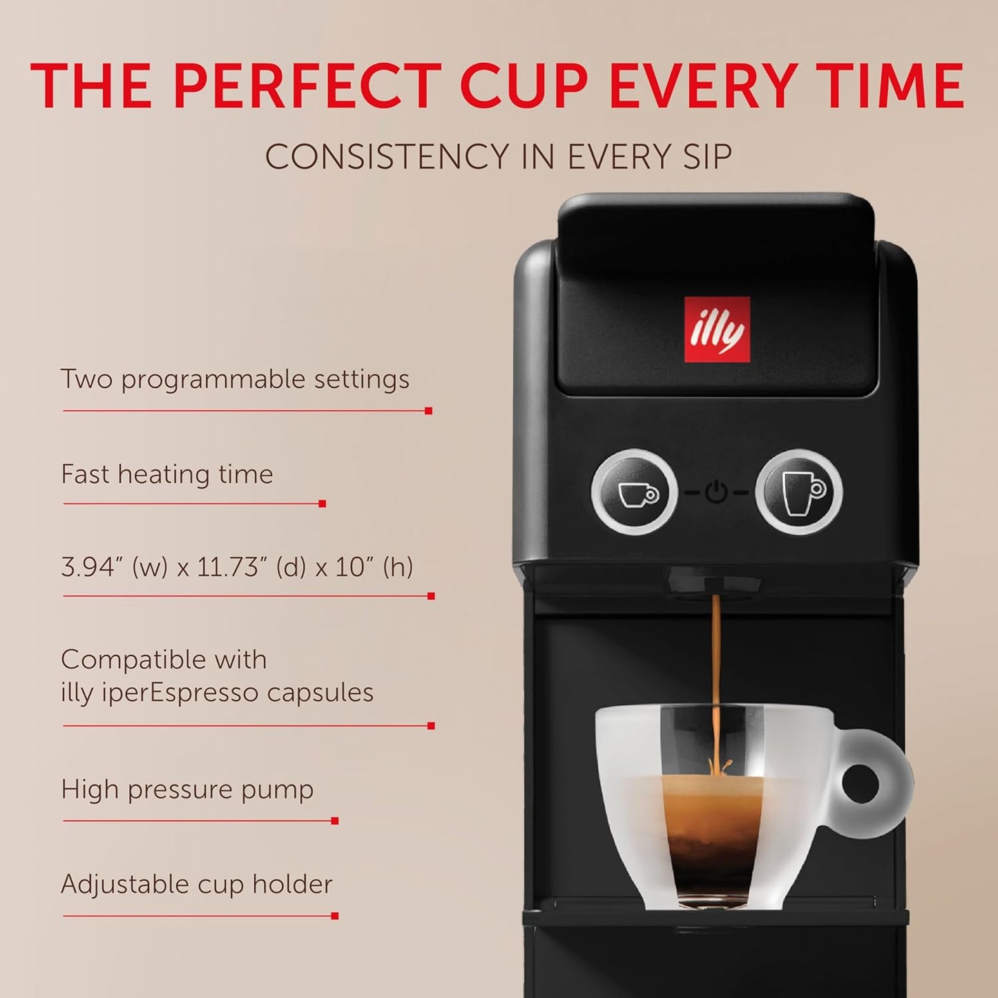 Illy Y3.3 Espresso Machine, Single Serve Coffee Machine for IperEspresso Capsules, Single Cup Espresso Maker (Black)