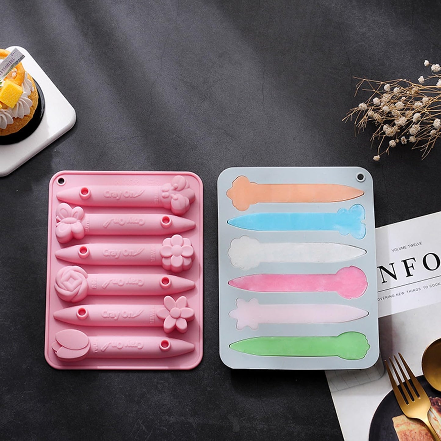Crayon Mold, 2 Pack Crayon Recycling Molds, 3D Crayon Silicone Mold Tipped Crayon Mold Oven Safe Candy Chocolate Making Molds for Kids Reusable Triangular Flower Crayon Molds for DIY Crayons.