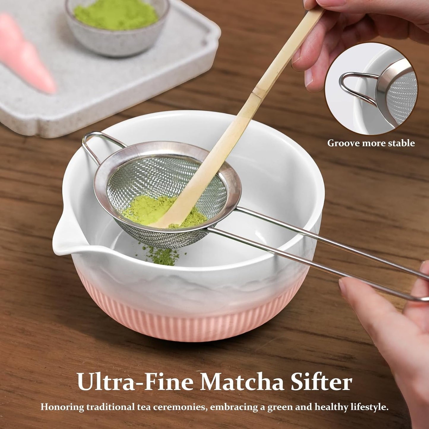 Matcha Whisk Set 7 PCS Pink Matcha Whisk Set Japanese Matcha Tea Set with Ceramic Bowl Bamboo Chasen Whisk Holder Spoon Stainless Steel Strainer Matcha Kit for Matcha Lovers