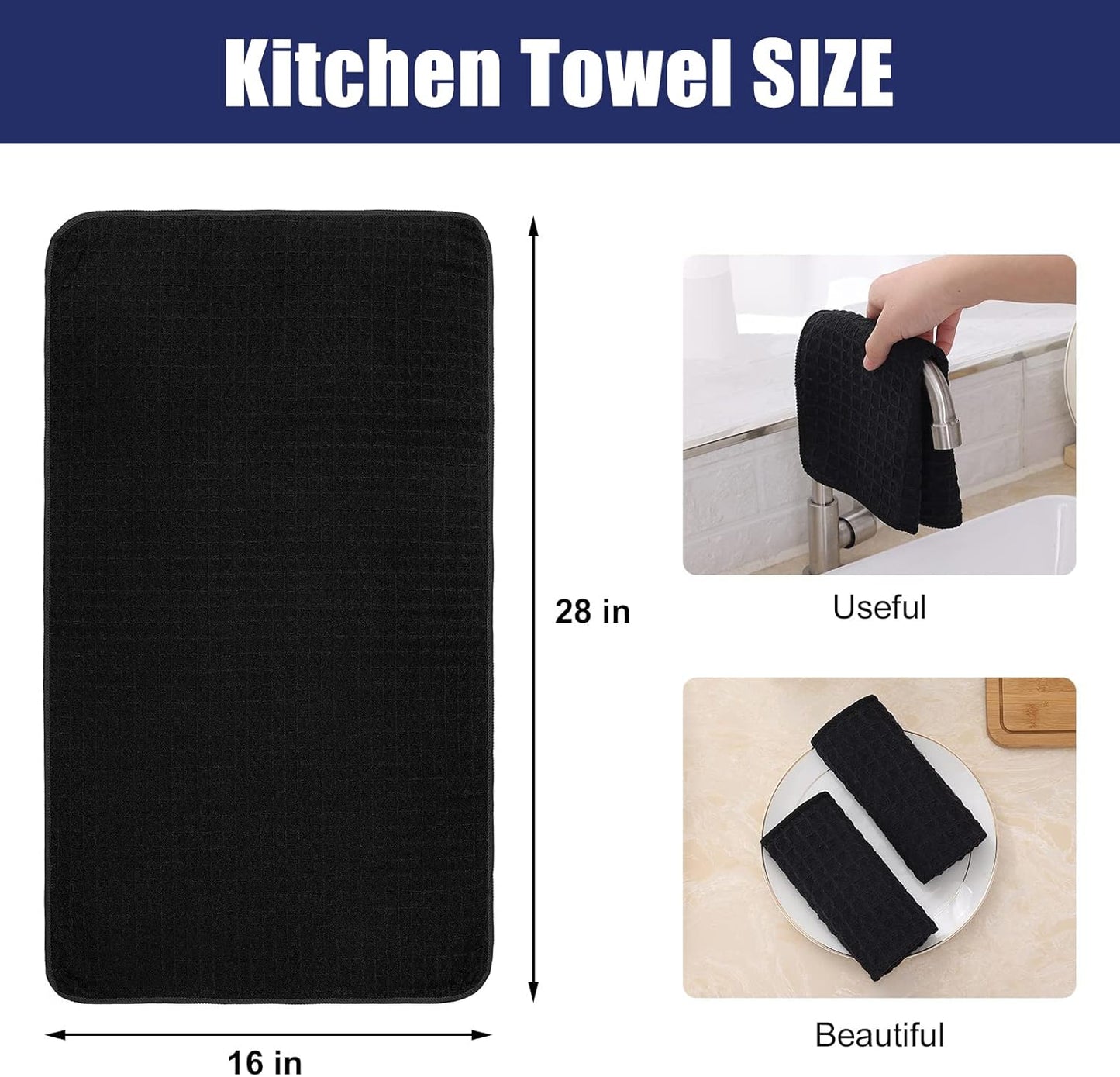 Homaxy Microfiber Waffle Weave Kitchen Towels, 16 x 28 Inch Ultra Absorbent and Solid Color Dish Towels, 4 Pack, Black