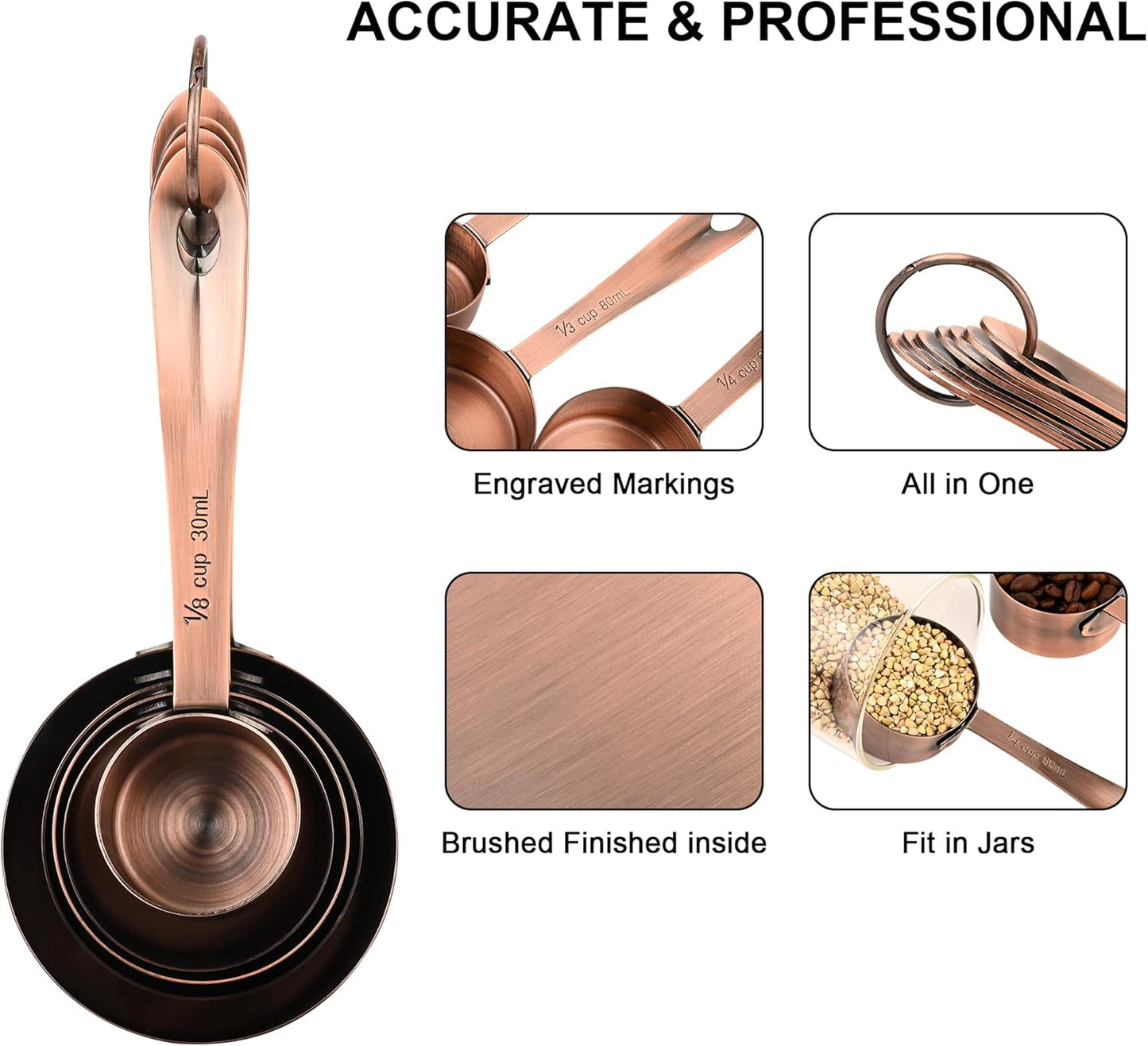 Copper Plated Measuring Cups and Spoons Set, Stainless Steel Measuring Cups and Spoons Set with 5 Kitchen Measure Cup, 6 Spice Measure Spoons, US&Metric Measuring Tools for Baking