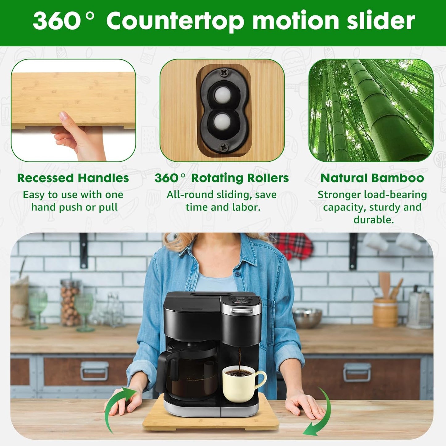 Appliance Slider 360° Rolling Tray for Coffee Maker- Bamboo Coffee Pot Slider Tray Countertop Rotation Sliding Tray with Wheels, Small Appliances Mat (Medium13.9"×11.6")