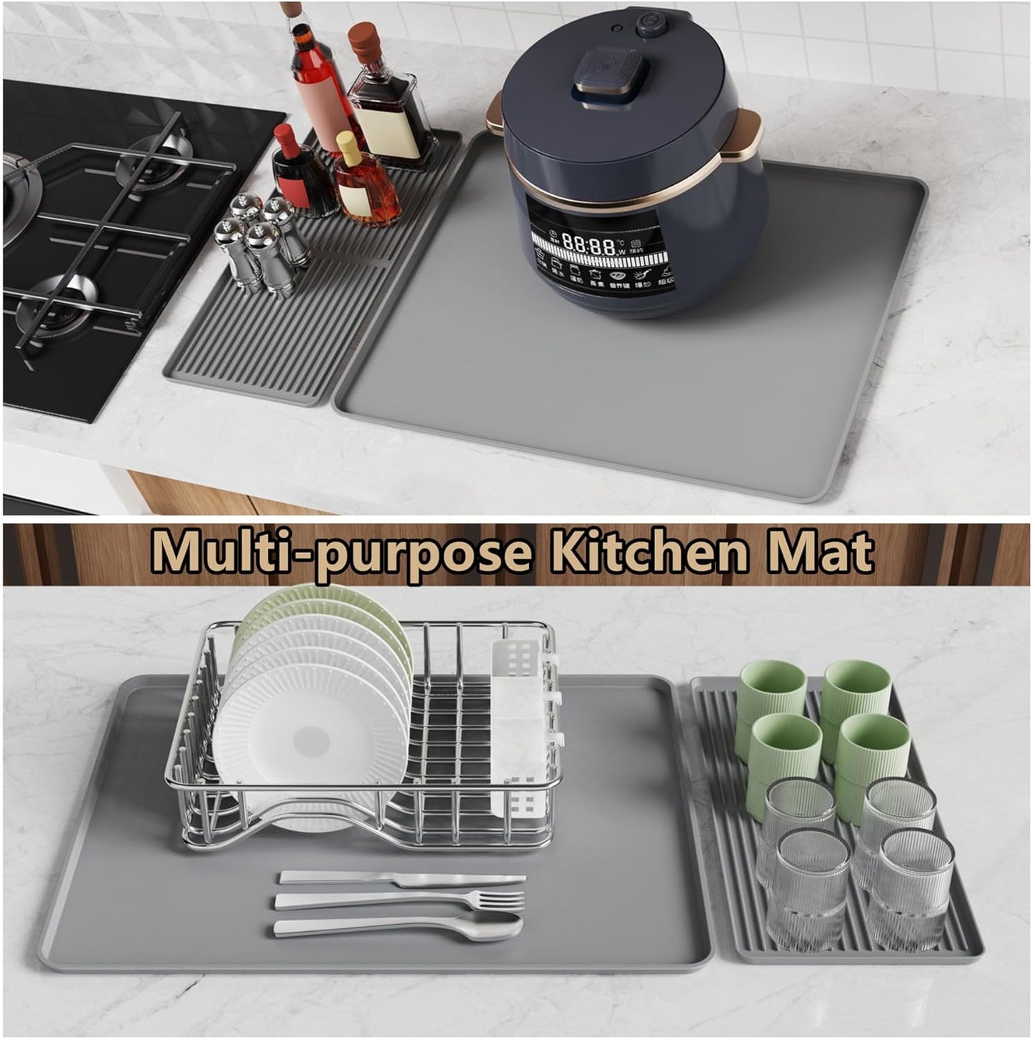 Coffee Bar Mat, Coffee Maker Mat, 24"x16" Silicone Coffee Mat, Spill-Proof, Heat-Resistant, Non-Slip, Fits Under Coffee Maker & Dish Rack (Gray, 24"x16")