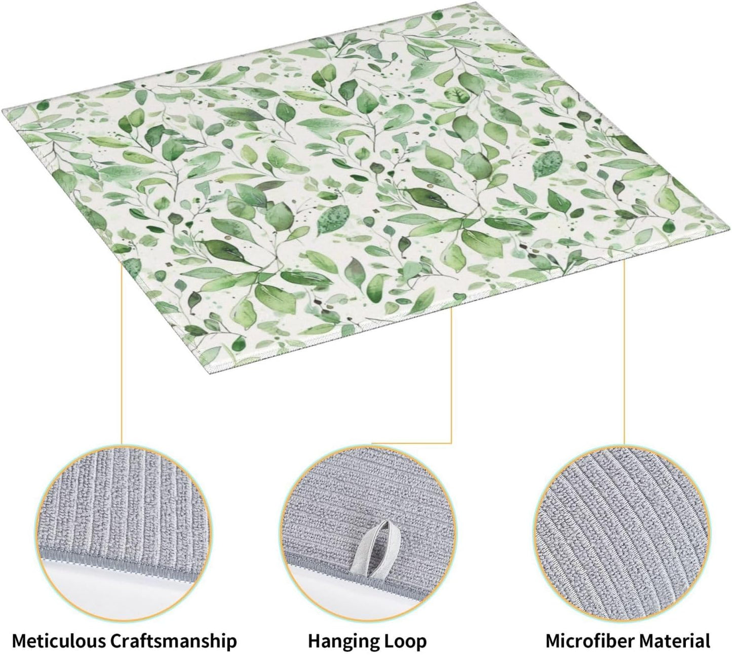 Green Leaves Dish Drying Mat, Highly Absorbent Microfiber Kitchen Counter Pad Reusable Washable, 16*18"