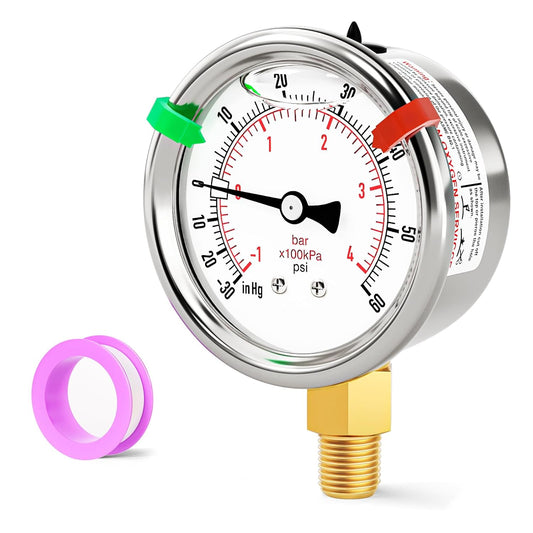 -30inHG-60PSI Stainless Steel Liquid Filled Pressure Gauge, 2.5" Dial Size, 1/8" NPT Lower Mount, for Tube, Water Pump, Gas, Liquid, Pressure Test (with Range Mark Pointer)