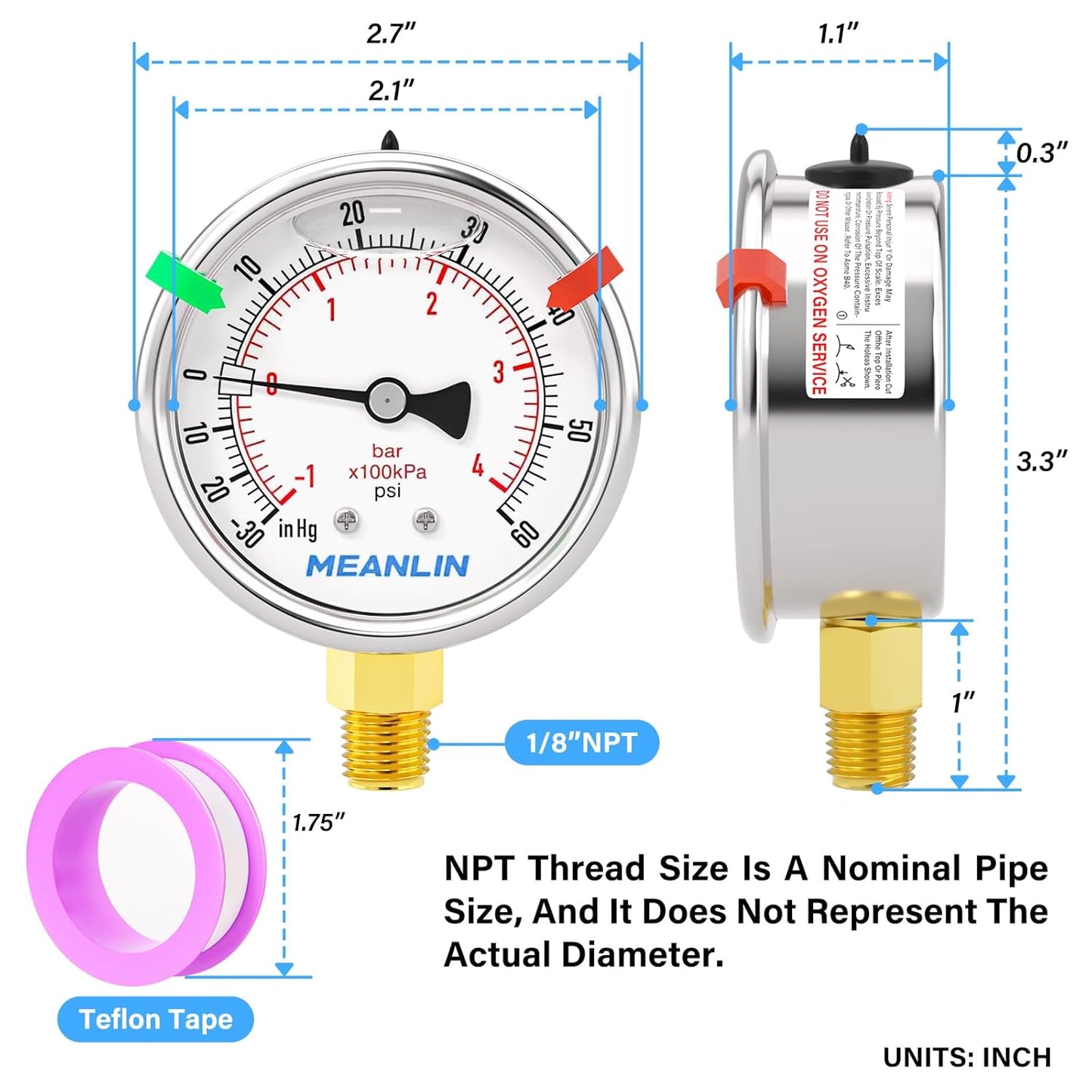 MEANLIN MEASURE -30inHG~60Psi Vacuum Pressure Gauge 1/8" NPT 2.5" FACE DIAL, Stainless Steel Liquid Filled Pressure Gauge WOG Water Oil Air Lower Mount (with 2PCS Snaps)