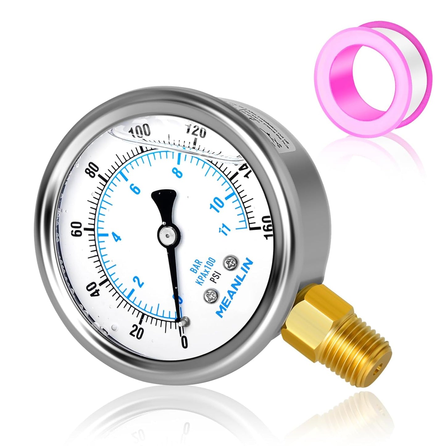 MEANLIN MEASURE 0~160Psi Liquid Filled Pressure Gauge 1/4" NPT 2.5" FACE DIAL Stainless Steel Glycerin Filled WOG Water Oil Air Lower Mount (with 2PCS Snaps)