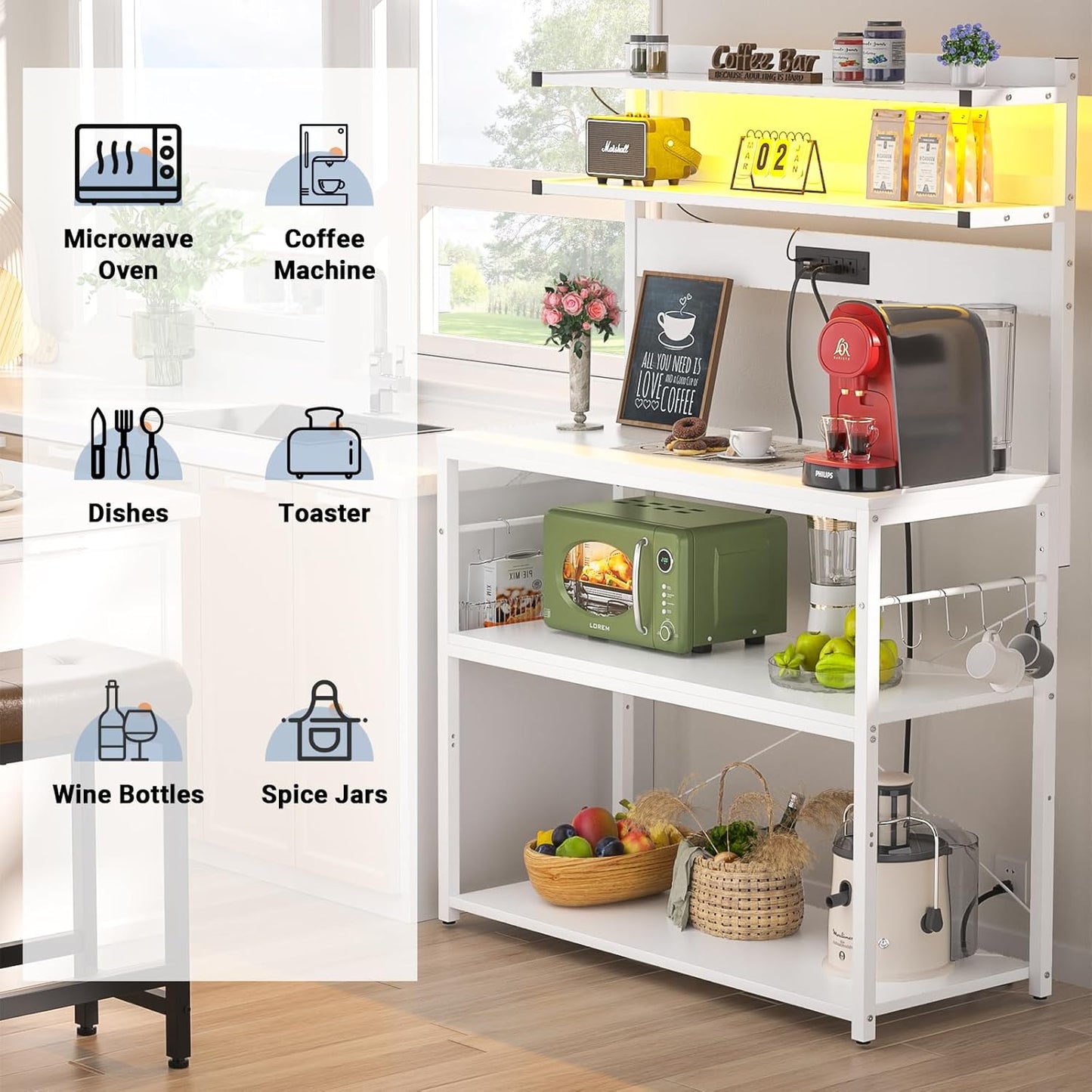 Aheaplus Bakers Rack with Power Outlet, Microwave Stand, 5 Tiers Coffee Bar Station with Led Lights, Kitchen Storage Shelf with 6 S-Shaped Hooks, Kitchen Rack Coffee Bar Stand, White