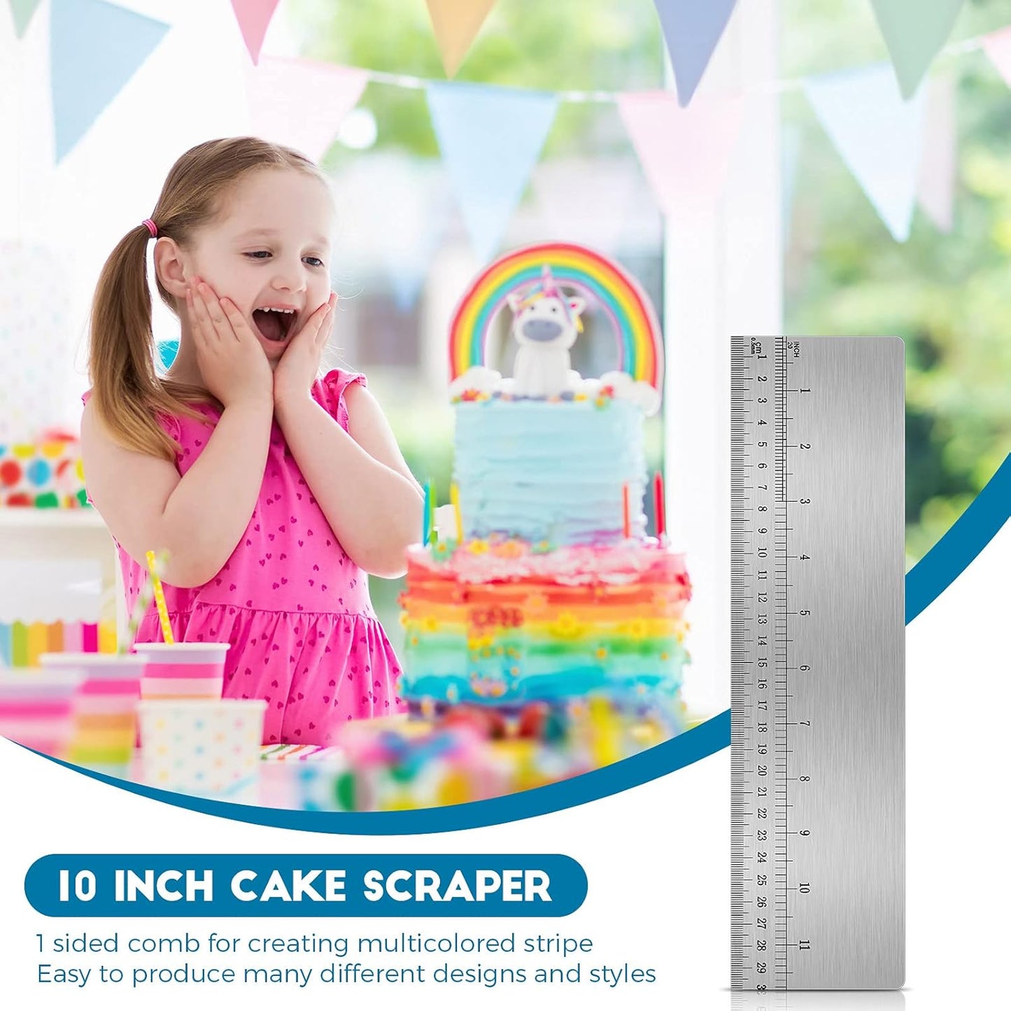 Nuenen 12 Inches Stainless Steel Cake Scraper with Scale Cake Edge Smoother Decorating Comb Baking Scraper Tool for Baking Measuring Buttercream Home Kitchen Accessory