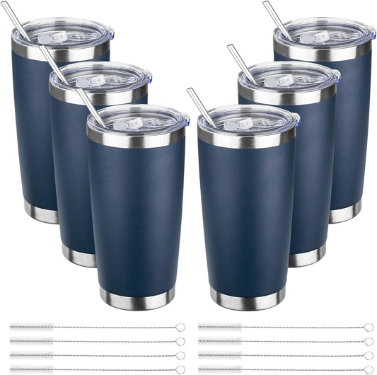 20oz Tumbler Bulk with Lid and Straw, Stainless Steel Double Wall Vacuum Insulated Travel Mug, Powder Coated Coffee Cups for Hot and Cold Drinks,Funny Gifts for Women Men(Navy Blue,6)