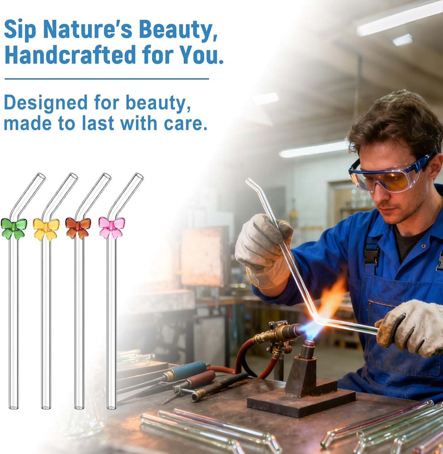 Cute Glass Straws with Charms Bows, 9 Inch 8mm Reusable Clear Glass Straws Bent - thick Borosilicate Drinking Straw Eco Friendly, BPA Free for Hot Drinks, Iced Coffee, 16 oz Tumblers - Include Brushes