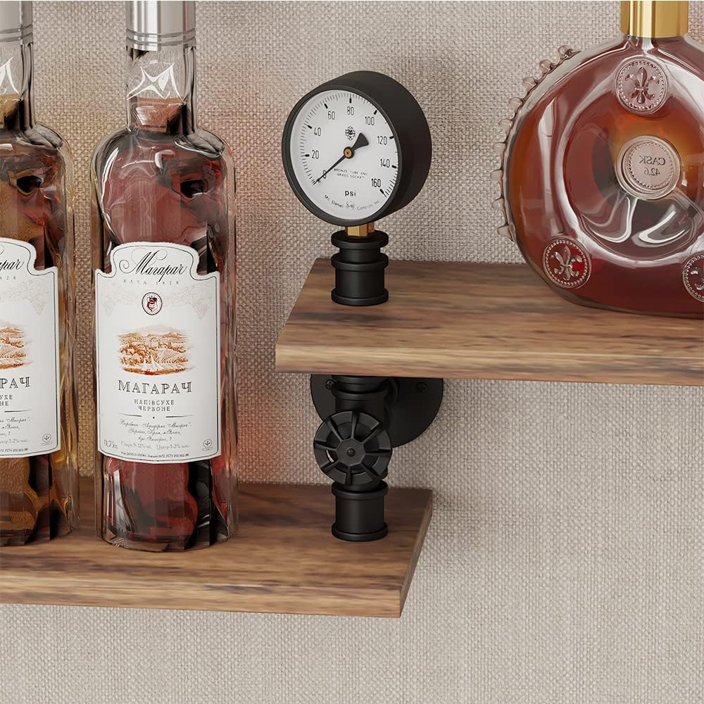 3 Tier Industrial Wall Wine Rack, 46in Floating Bar Liquor Shelves with 4 Stem Glass Holder, Pipe Shelf Shelving Wine Glass Rack, Wine Rack Wall Mounted Living Room Kitchen Decor, Black